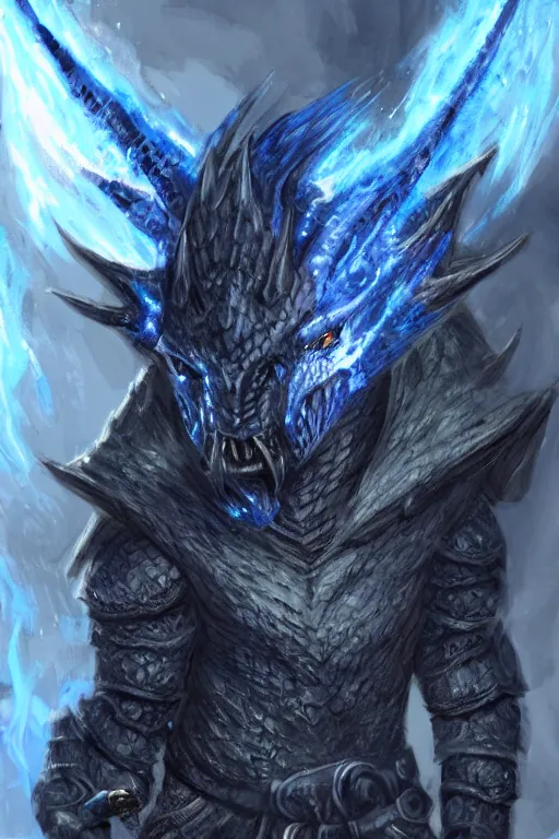 Image similar to a D&D character of a dark blue dragonborn with blue flame burning half his face, he has large tusks, he wears a black dragon scales armor, D&D concept art