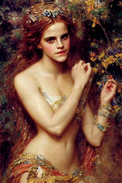 Image similar to portrait of emma watson as the goddess aphrodite. art by gaston bussiere.