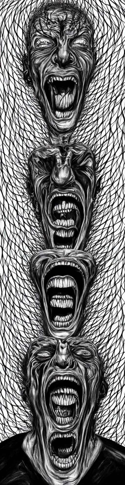 Image similar to black and white outline painting of man screaming with fear, another man coming out of his mouth, recursive, fractal, creepy, Giger, Escher, Mandelbrot, perfect face, realistic, hyper detailed