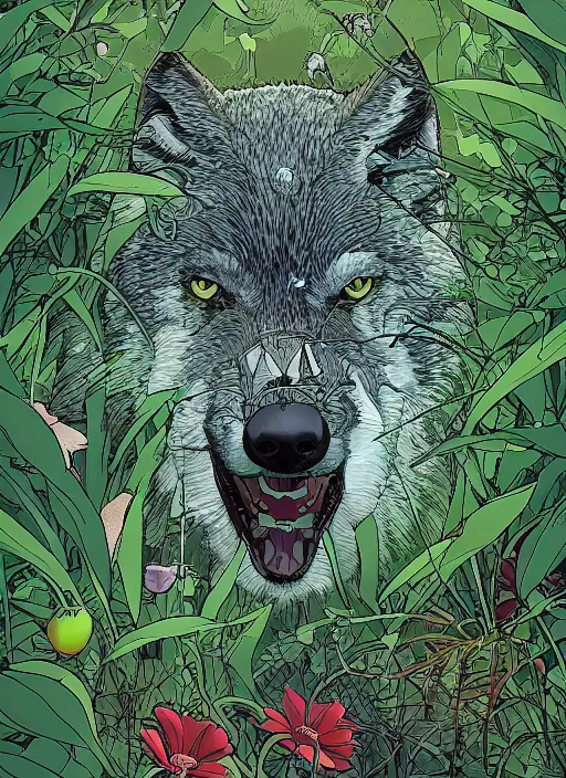 Image similar to a wolf in the garden by josan gonzalez, katsuhiro otomo, andrew ferez, rule of thirds, beautiful