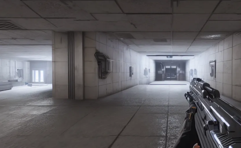 Image similar to in - game screenshot of a first person shooter on unreal engine 5, narrow modern hallways of a secret government facility, white dry wall, photorealistic, retrofuturism