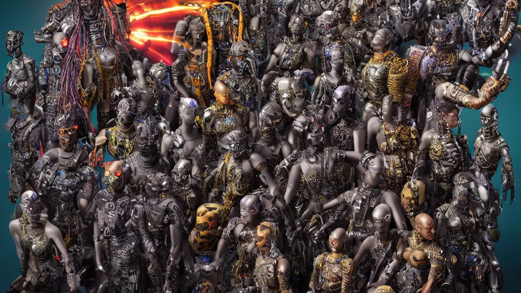Prompt: army of intricately detailed cyborgs with african masks, armed for war, super hero poses, lots of thick long braids and electrical cables, colorful - patterns, cyber - punk background, professional studio lighting with subtle shadows, hyper realism, art by tim okamura and karol bak, low - angle shot, cinematic shot, blender cycles render, 8 k