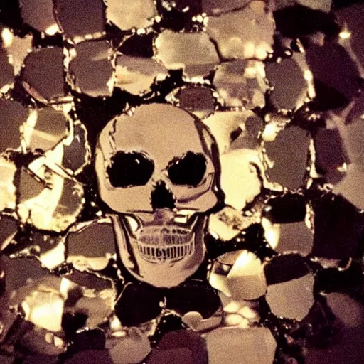 Image similar to a skull made out of broken mirrors, reflecting light in a nightclub, grainy film still