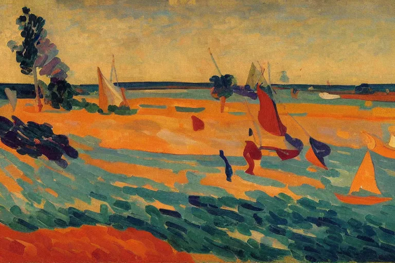 Prompt: A sprawling abstract landscape painting of the Chesapeake bay in the fall, bathed in golden light, peaceful, sailboats, birds in the distance, golden ratio, fauvisme, art du XIXe siècle, oil on canvas by André Derain, Albert Marquet, Auguste Herbin, Louis Valtat, Musée d'Orsay catalogue