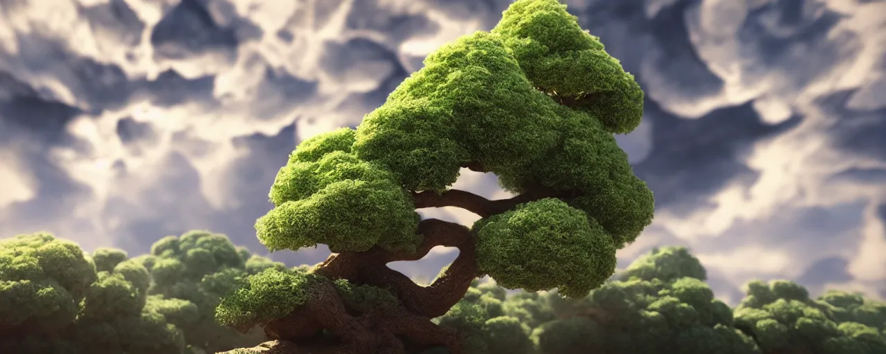 Prompt: detailed volumetric render of bonsai clouds, matte painting, intrincate, swirls, puff, god ray, volumetric render, octane render, 4 k.