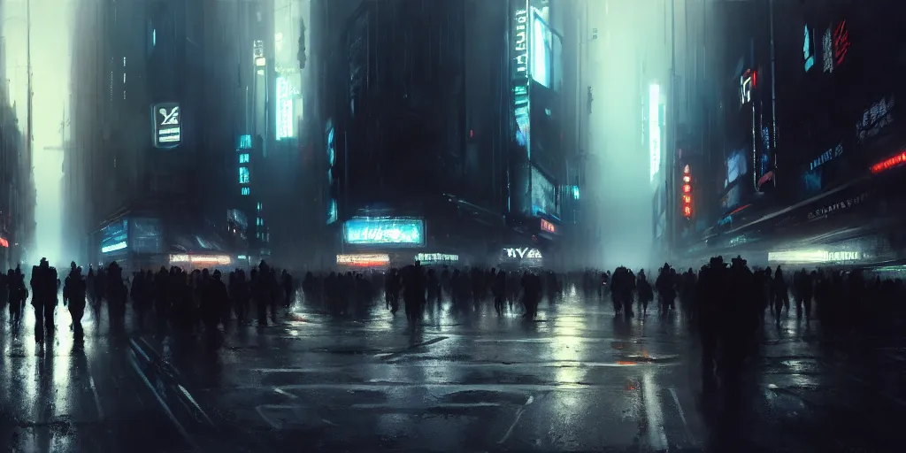 Prompt: beautiful painting by jeremy mann, large crowd in a cyberpunk street, still from tron legacy movie, desaturated, oil painting, perfect composition, detailed octane render trending on artstation, volumetric fog, ominous, unsettling, 8 k artistic photography, volumetric cinematic perfect light