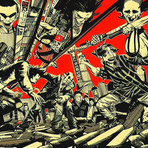 Image similar to yakuzas vs yokais in post-apocalyptic tokyo, illustration by Tyler Stout