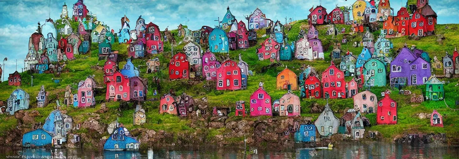 Prompt: quirky surreal naive houses painted by alexander jansson, bright colors.