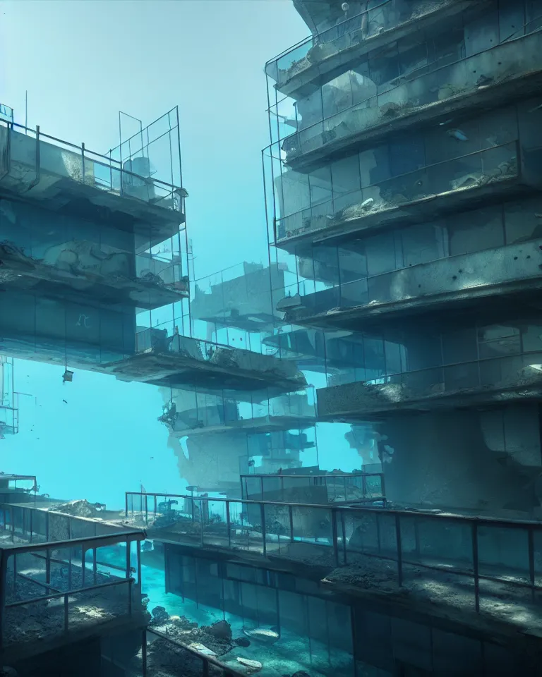 Prompt: an abandoned underwater Barcelona city, post-apocalyptic, metaphysical painting, cgsociety, rendered in unreal engine