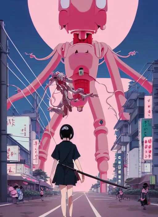 Image similar to Artwork by James Jean, Phil noto and hiyao Miyazaki; a young Japanese future samurai police girl named Yoshimi battles an enormous looming evil natured carnivorous pink robot on the streets of Tokyo; Japanese shops and neon signage; crowds of people running; Art work by studio ghibli, Phil noto and James Jean