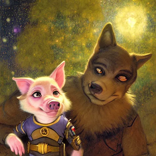 Image similar to a female pig wolf canine in starfleet uniform at night in a dark forest. zootopia fursona furaffinity furry art detailed face painting by gaston bussiere craig mullins jc leyendecker gustav klimt artgerm greg rutkowski furry