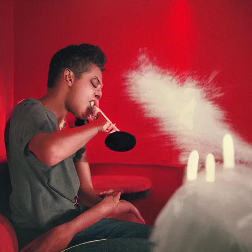 Image similar to music makes a young man suffer in a red room with water on the ceiling