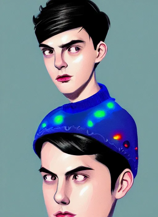 Image similar to portrait of teenage jughead jones wearing a light grey crown, crown, blue turtleneck, 1 9 5 0 s, closed eyes, photorealistic, black hair, glowing lighting, intricate, elegant, glowing lights, highly detailed, digital painting, artstation, concept art, smooth, sharp focus, illustration, art by wlop, mars ravelo and greg rutkowski