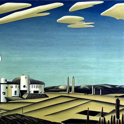 Image similar to dreaming futuristic rural landscape with modern houses, painted by Giorgio de Chirico, highly detailed