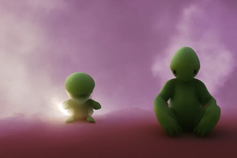 Image similar to a cute alien sitting on a cloud relaxing, misty, glows, blender render, hazy, foggy, red lighting,