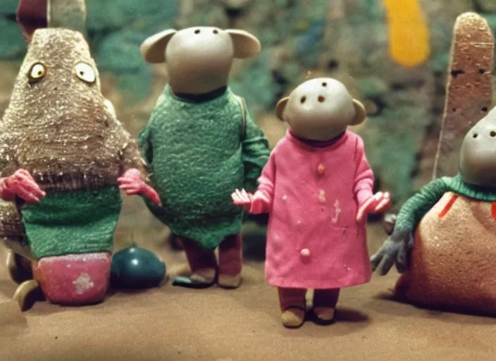 Image similar to a scene from a 1 9 7 0 s british kids tv programme by the bbc and oliver postgate, stop motion animation, the clangers, vhs distortion, folk horror