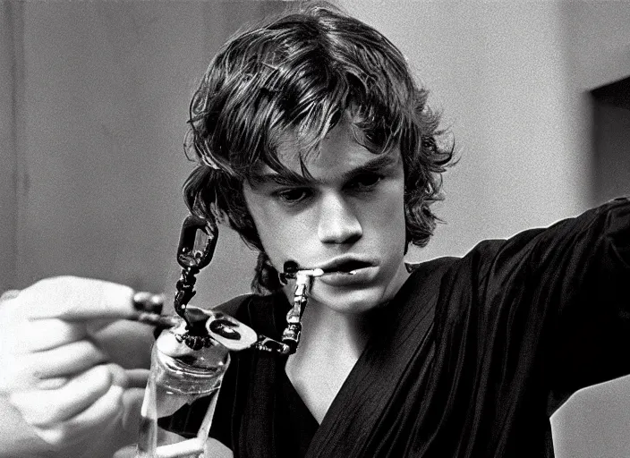 Image similar to anakin skywalker smoking a bong in the basement