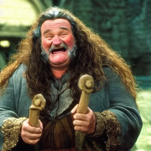 Image similar to Robin Williams playing Hagrid in Harry Potter, screenshot