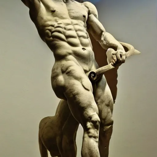 Image similar to greek statue of a centaur, human horse chimera hybrid,