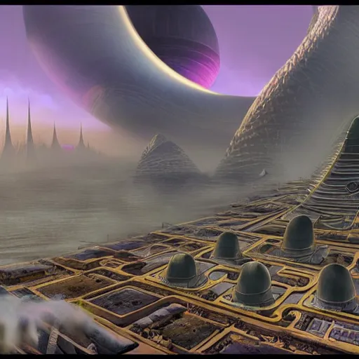 Image similar to a view of the alien civilization city. painted by, mc escher, gordon onslow ford, georgia o'keeffe and ivan aivazovsky, cinematic light, god rays, colourful, unreal engine.