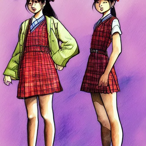 Image similar to a perfect, realistic professional digital sketch of two 90s Japanese schoolgirls posing, in style of Marvel, full length, by pen and watercolor, by a professional American senior artist on ArtStation, a high-quality hollywood-style sketch, on high-quality paper