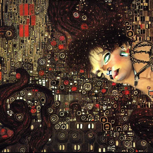 Image similar to cybernetic demon sleeping in circuitry, intricate detail, klimt, royo, whealan,