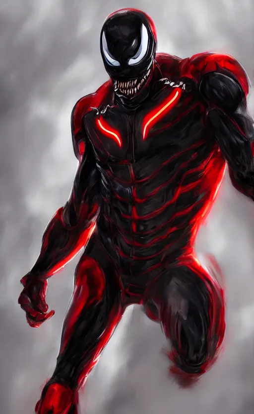 Image similar to venom in a venom inspired ironman suit, black and red, dynamic lighting, photorealistic fantasy concept art, trending on art station, stunning visuals, terrifying, creative, cinematic