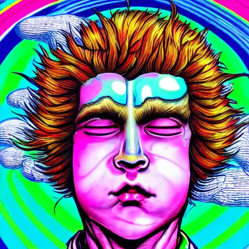 Image similar to a psychedelic young godlike humanoid, hyper detailed, in the style of rutkowski and junji ito and bob ross and lisa frank, selfie