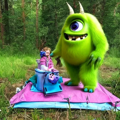 Prompt: boo from monsters inc on a camping trip
