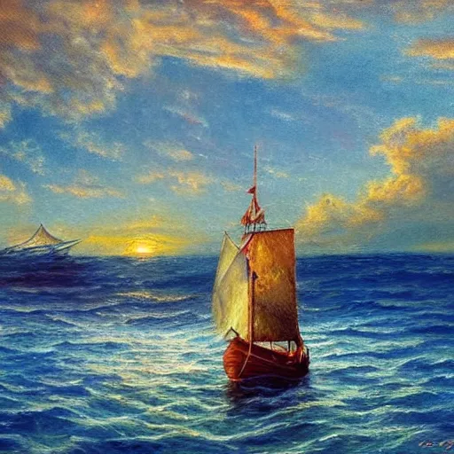 Prompt: ship in the sea, boat, sails, history, wood, oil painting, waves, romanticism, clouds, sunset, colorful