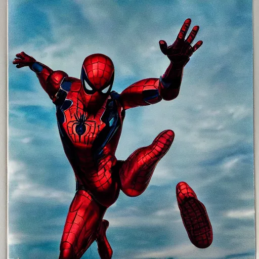 Image similar to a single iron man and spider - man hybrid, dslr, polaroid