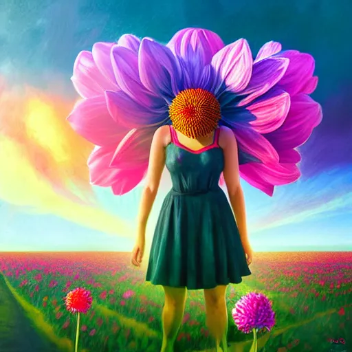 Prompt: giant dahlia flower as head, full body girl standing in a flower field, surreal photography, sunrise, dramatic light, impressionist painting, colorful clouds, digital painting, artstation, simon stalenhag