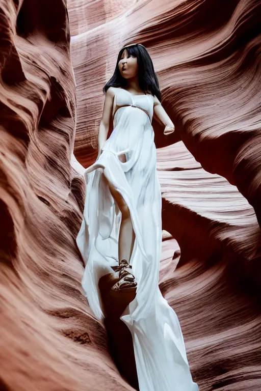 Image similar to close-up portrait of Lee Ji-Eun, captivating, rule of thirds, majestic, set on a flowy Antelope Canyon created by James Jean, mutiversal tsunami, award winning photo, seductive, captivating, close-up, hot, unreal engine