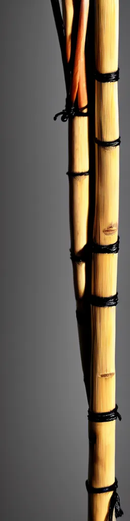 Prompt: picture of a single wooden long straight thin ninja fighting staff with oriental ornaments, bamboo, weapon, highlight, vertical, centred, highly symmetric, sci - fi, fantasy, japan, dnd, close shot, bright uniform background, award winning