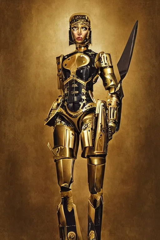 Prompt: portrait of christine turlington as warrior of dark futuristic robotic world, by alfred gilbert, mysticism, intricate, highly ornate dark gold trim armoury