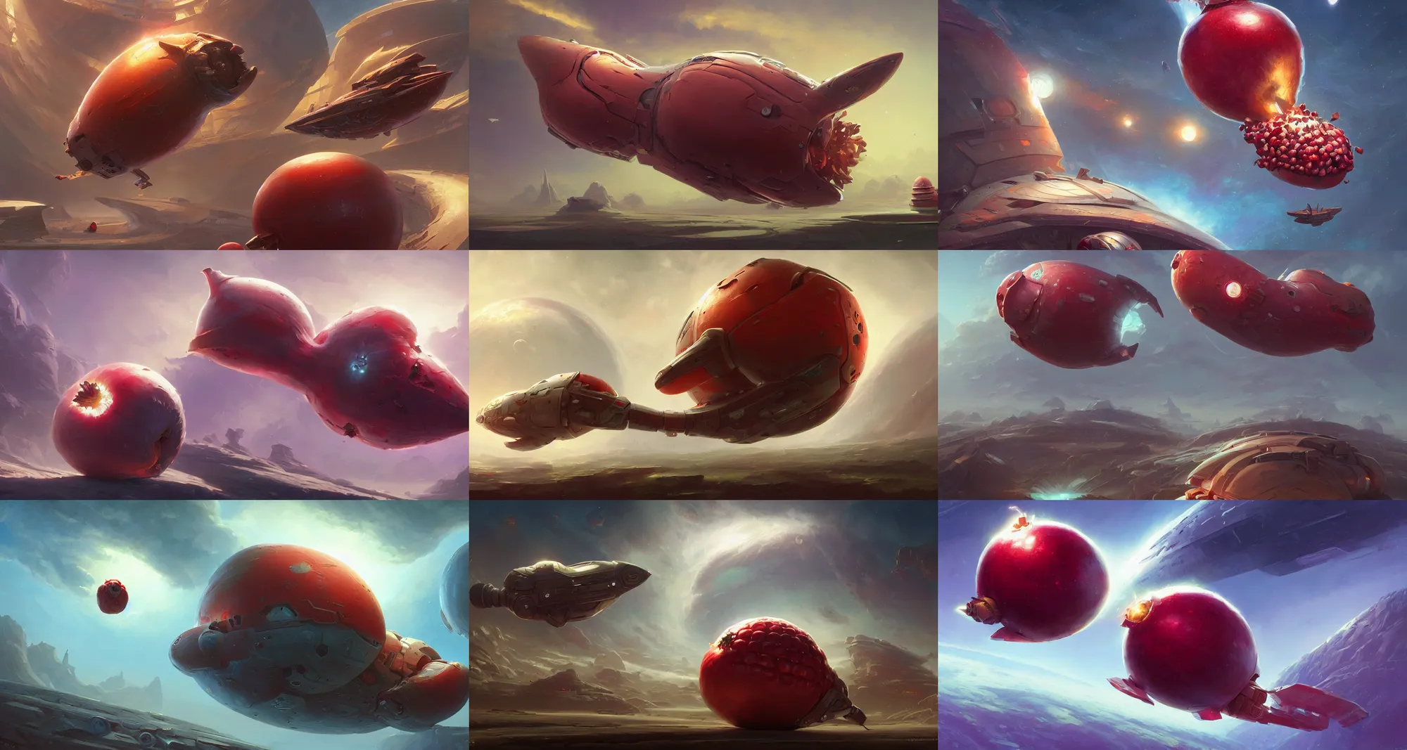 Prompt: A pomegranate shaped spaceship, concept art by Noah Bradley, Darek Zabrocki, Tyler edlin, Jordan Grimmer, Neil Blevins, James Paick, Natasha Tan, highly detailed, ultra detailed, ultra realistic, trending on artstation