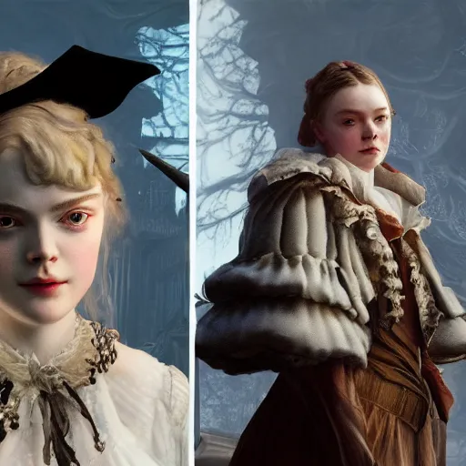 Prompt: leyendecker and peter paul rubens, head and shoulders portrait of a elle fanning in bloodborne, unreal engine, fantasy art by global illumination, radiant light, detailed and intricate environment