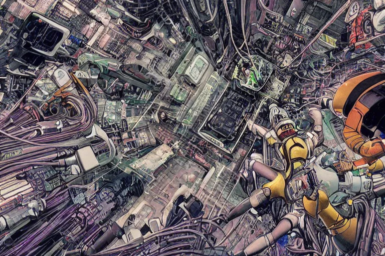 Image similar to a hyper-detailed cyberpunk illustration with a group of android females lying over an empty floor in various poses, with their bodies open and cables and wires coming out, by masamune shirow and katsuhiro otomo, view from above, close up