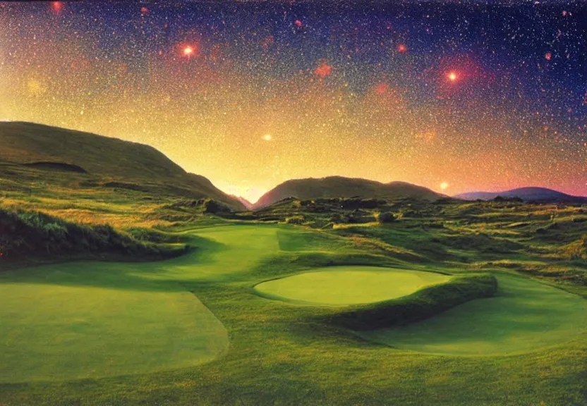 Image similar to birds eye view of a perfect elysian dreamlike green hilly pastoral psychedelic golf course landscape with stone walls under cosmic stars, memory trapped in eternal time, golden hour, dark sky, evening starlight, stone walls, haunted vintage psychedelic polaroid by hiroshi yoshida