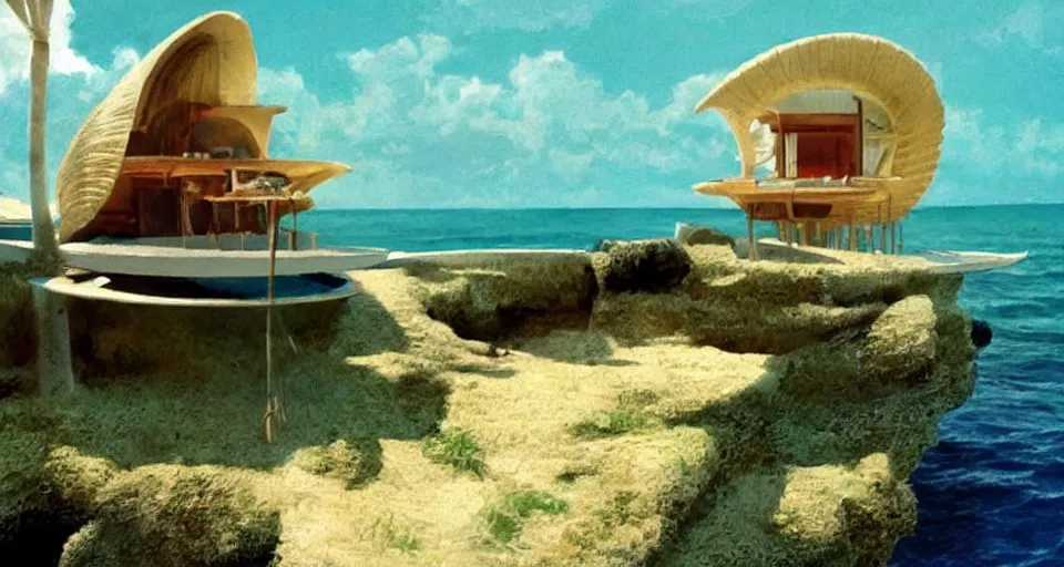 Image similar to seashell house where a hermit girl lives, atmospheric cinematography by syd mead and emmanuel lubezki