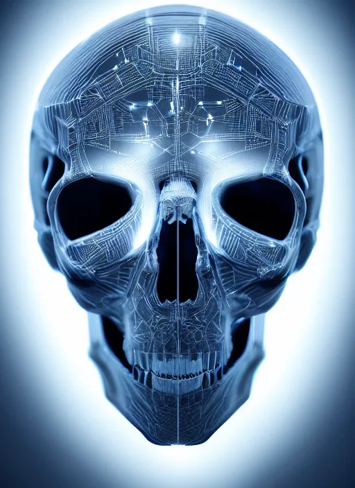 Image similar to symmetry!! portrait of frosted plastic wrapped skull, sci - fi, tech wear, glowing lights!! intricate, elegant, highly detailed, digital painting, octane render, photo realistic