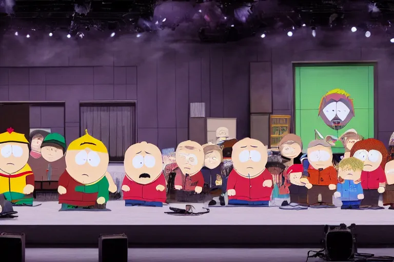 Prompt: photo of a huge theaterstage, play is south park, 3 actors on stage, 8 k, multicolored, exaggerated detailed, long shot