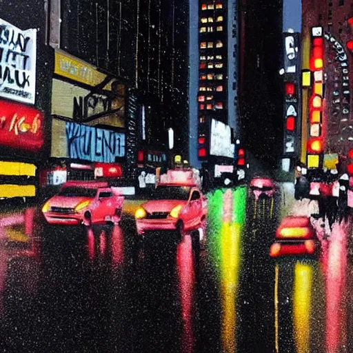 Prompt: a busy crosswalk on a rainy street in new york with lots of people walking around at night with advertisement neon lights on the buildings around it, painting by banksy, banksy art, high detail, smooth, beautiful, aesthetic,