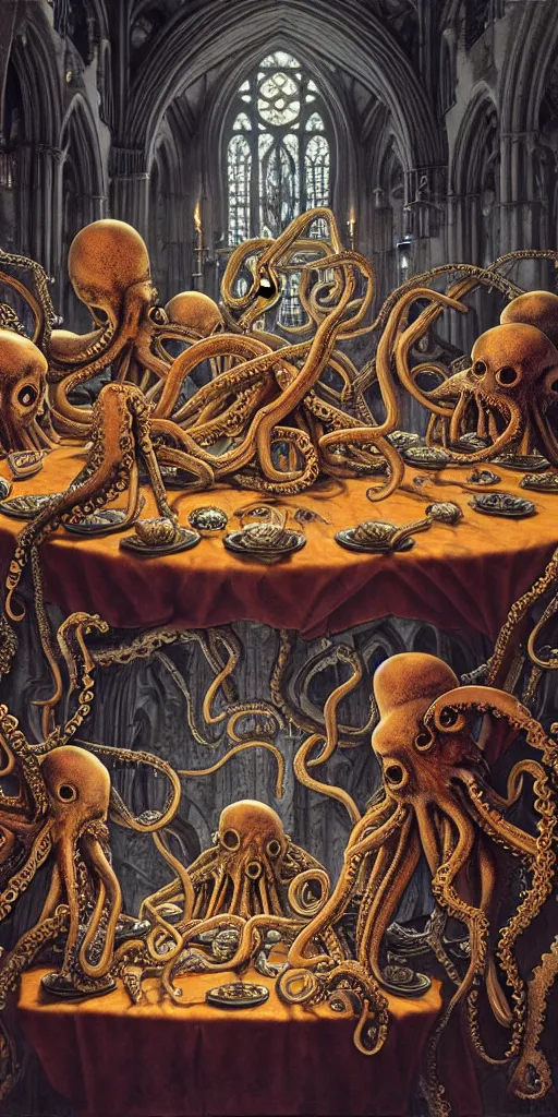 Image similar to group of mages with human bodies and octopus heads sitting near the table with magical artifacts in an ancient mage castle with enormous scale, gothic and baroque, brutalist architecture, ultradetailed, Intricate by John Howe and Josan Gonzalez and James Jean and Giuseppe Arcimboldo