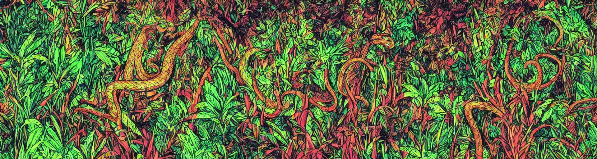 Image similar to a snake in the jungle seen through the psychedelics effects from ayahuasca