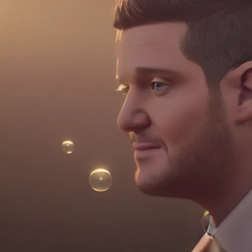 Image similar to hyperrealistic dslr film still of michael buble disguised a bubbles, stunning 8 k octane comprehensive 3 d render, inspired by istvan sandorfi & greg rutkowski & unreal engine, perfect symmetry, dim volumetric cinematic lighting, extremely hyper - detailed, incredibly real lifelike attributes & flesh texture, intricate, masterpiece, artstation, stunning