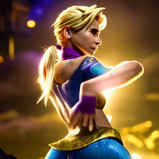 Image similar to cinematic scene with elsa pataki as jolyne from jojo's bizarre adventure, live action film, stone ocean, dramatic, small details, volumetric lighting, still frame