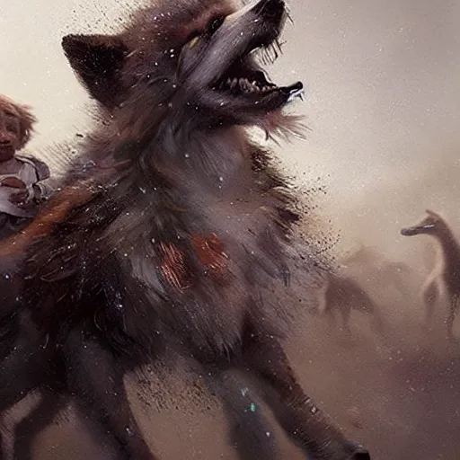 Prompt: a feral human child dressed in furs running with a pack of large wolves with intricate symbols of their fur. cinematic. detailed masterpiece. realistic. photo realism. cgsociety. by krenz cushart. ruan jia. jarold sng.