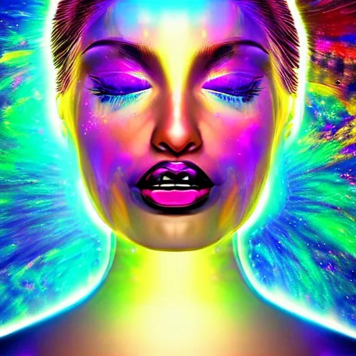 Image similar to Psychadelic picture of a womans face expanding her consciousness into the universe, digital art, high resolution