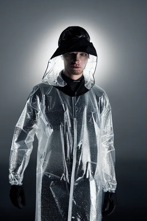 Image similar to an ultra high definition professional high fashion portrait studio full length photograph of a male model wearing a transparent pearlescent raincoat and neon visor in an icelandic black rock environment at dawn. no artefacts. extremely detailed. stark. refraction. shallow depth of field. volumetric light and shadow. ray tracing. light rays.